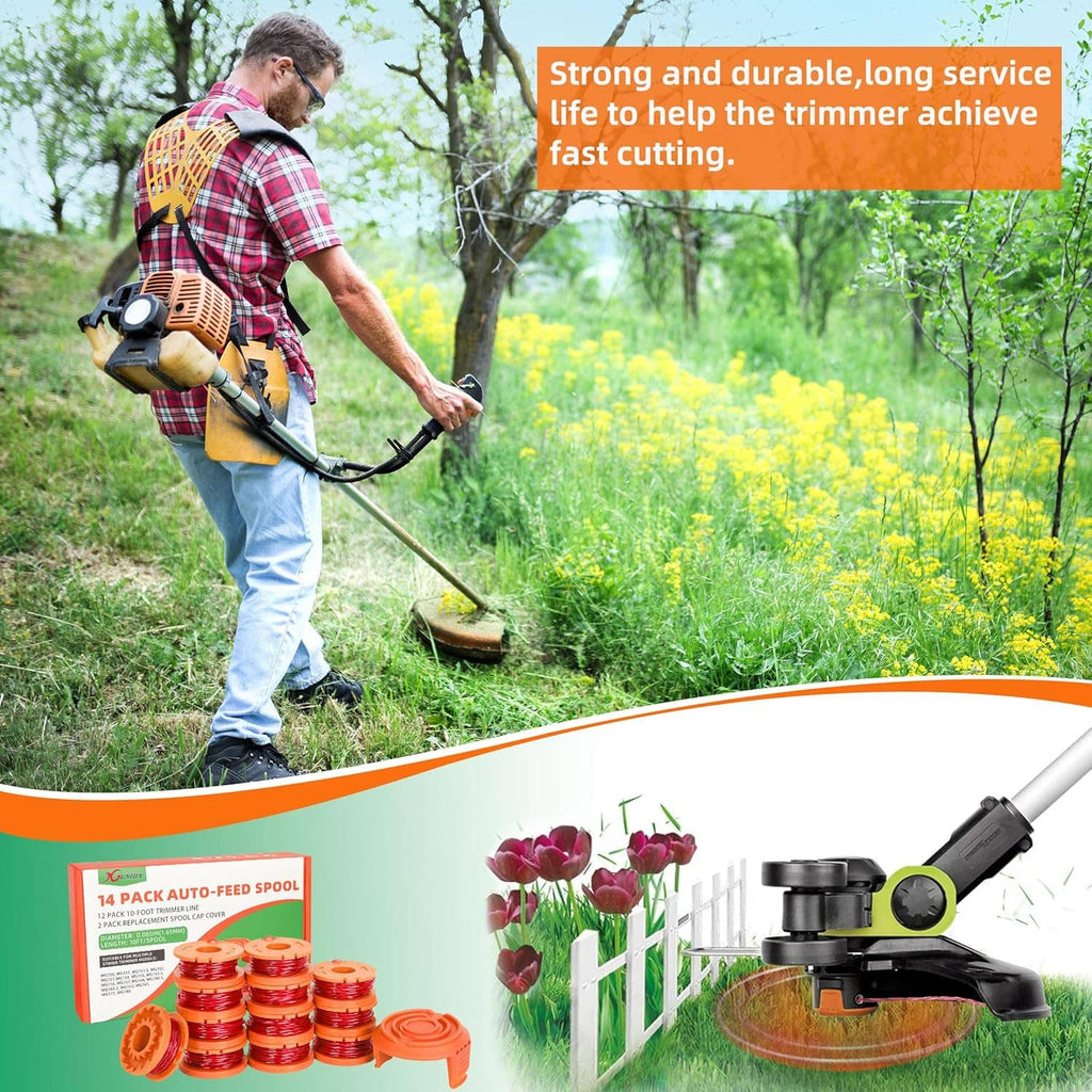 14-pack trimmer spool line replacement: orange spools with red cutting line