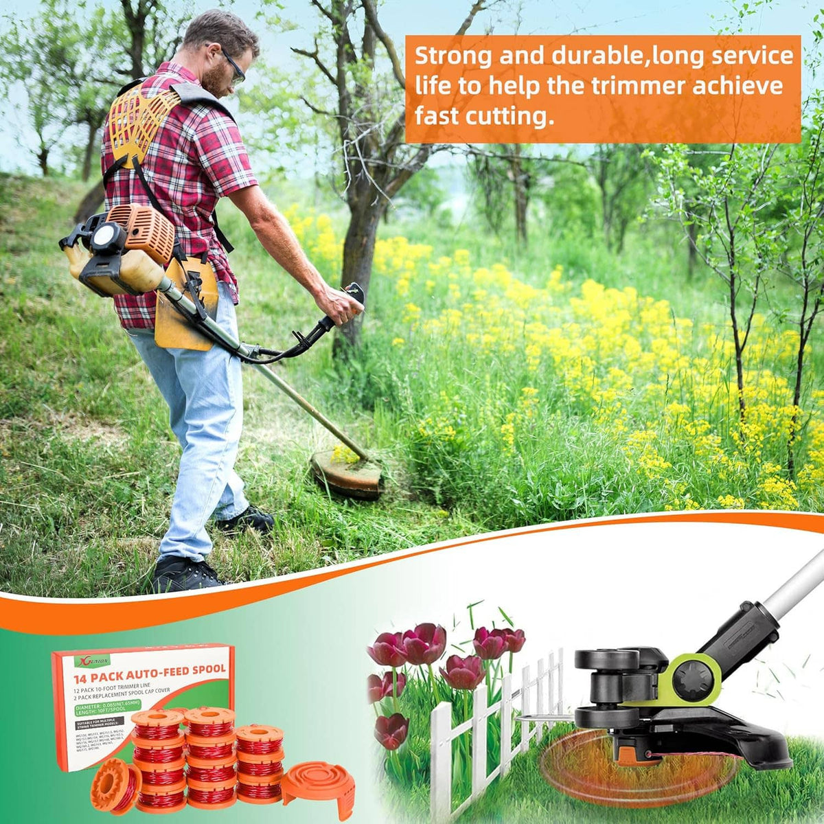 14-pack trimmer spool line replacement: orange spools with red cutting line