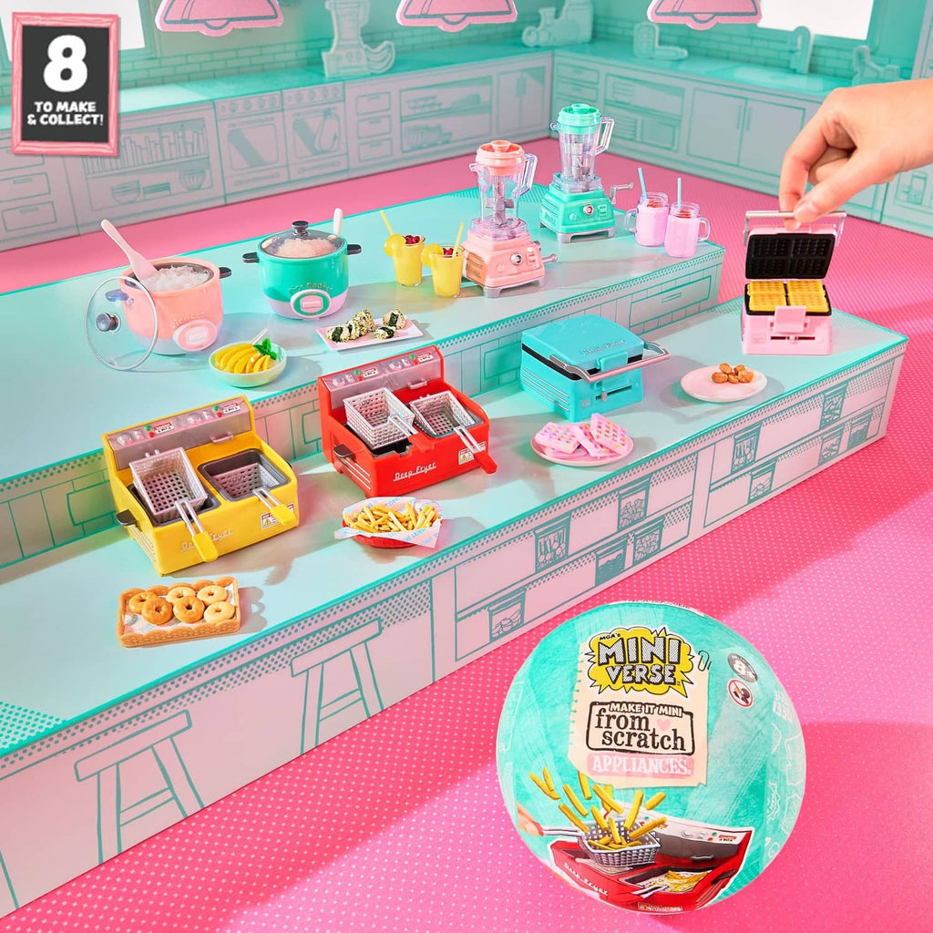 Mini kitchen appliance counter playset with pink blender, red fryer, and accessories