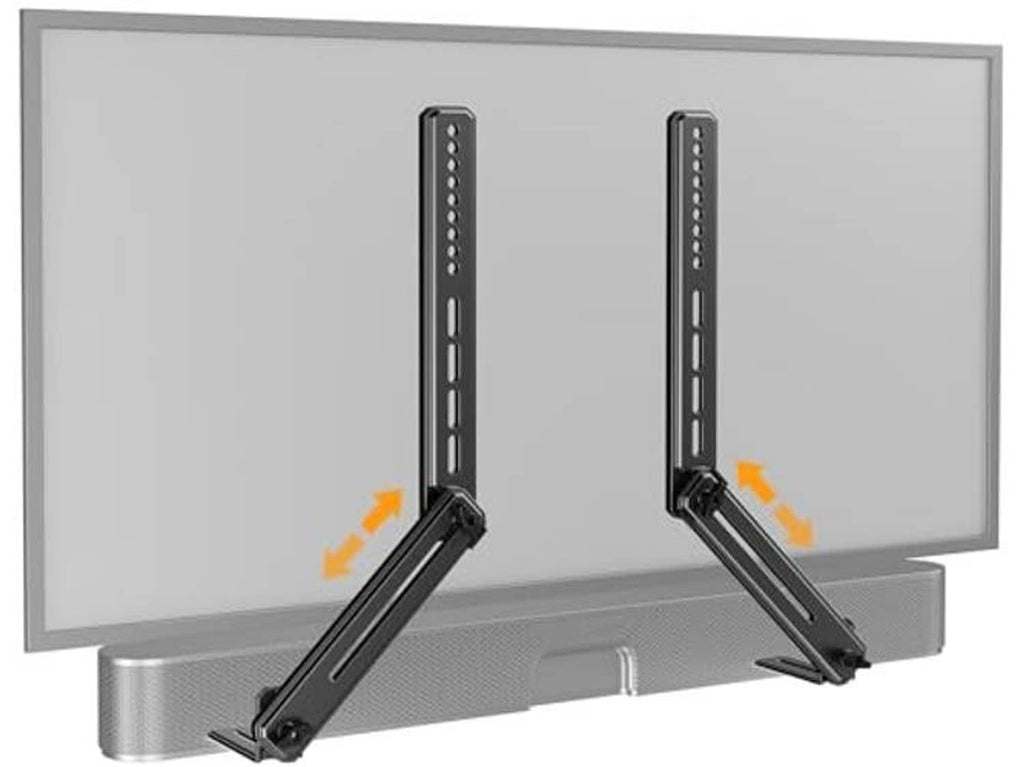 Black soundbar bracket with height-adjustable arms and vertical mounting rails