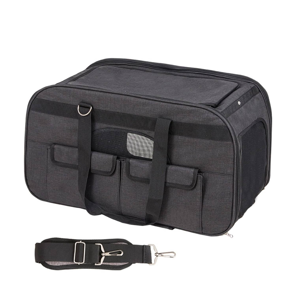 Black padded pet carrier with front mesh window and adjustable shoulder strap