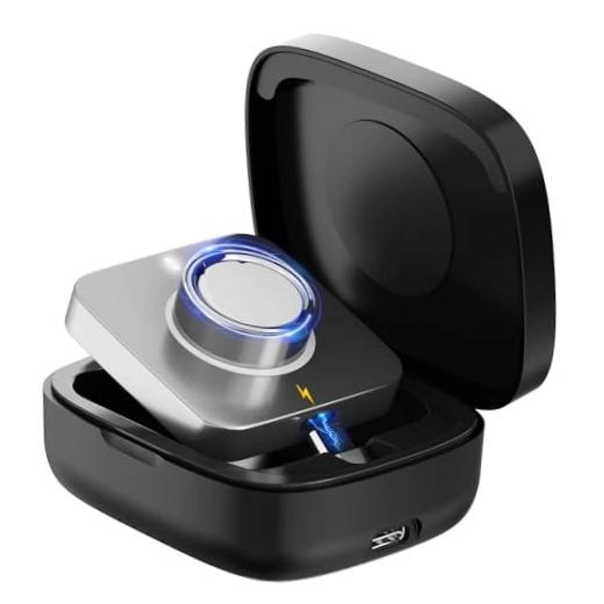 Black portable charging case with open lid and circular ring charging cradle