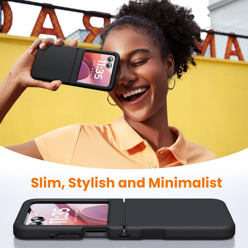 Slim black folding phone case with minimal profile and hinge protection