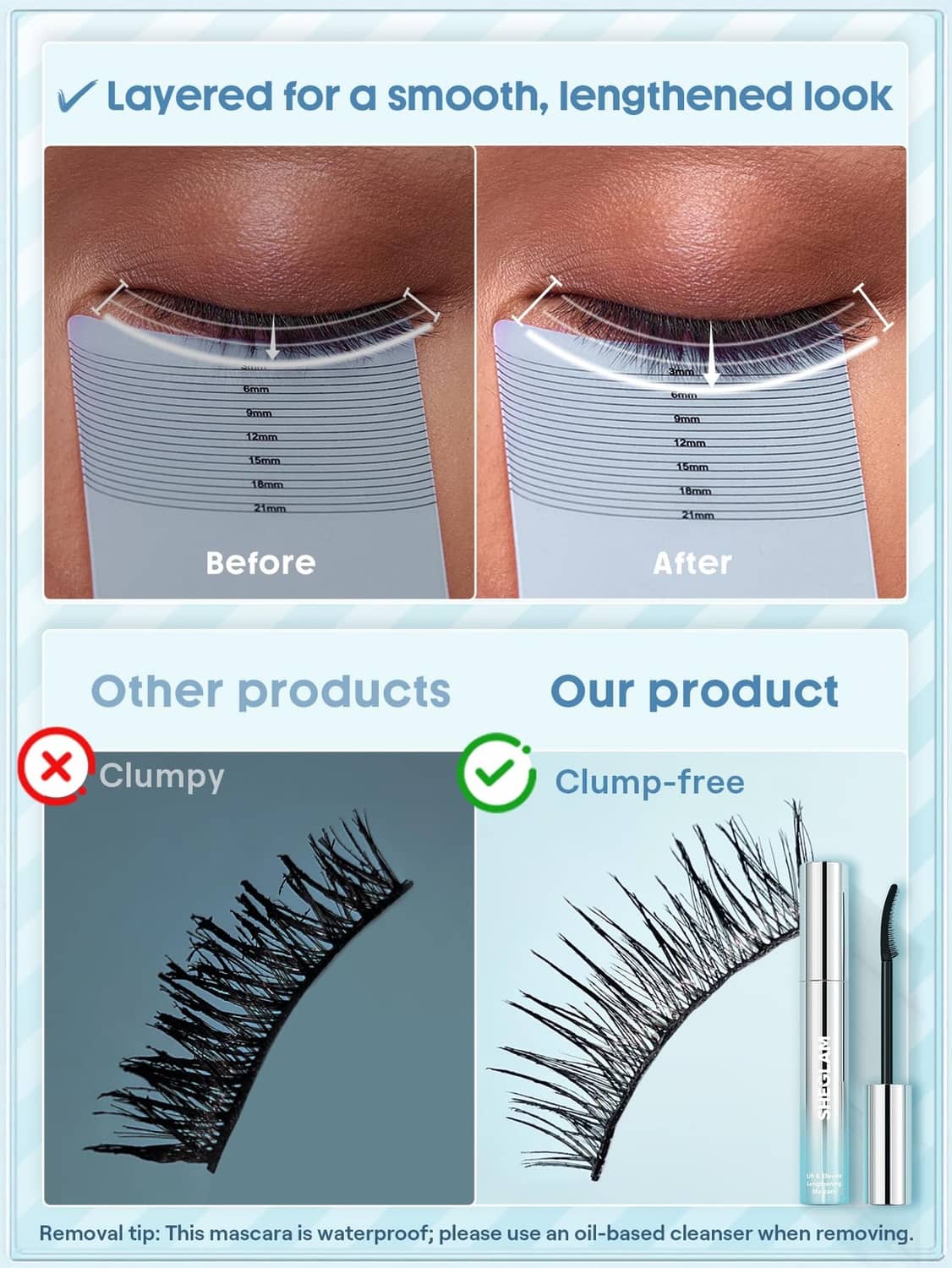 Mascar a tube and wand with smooth, lengthened lashes