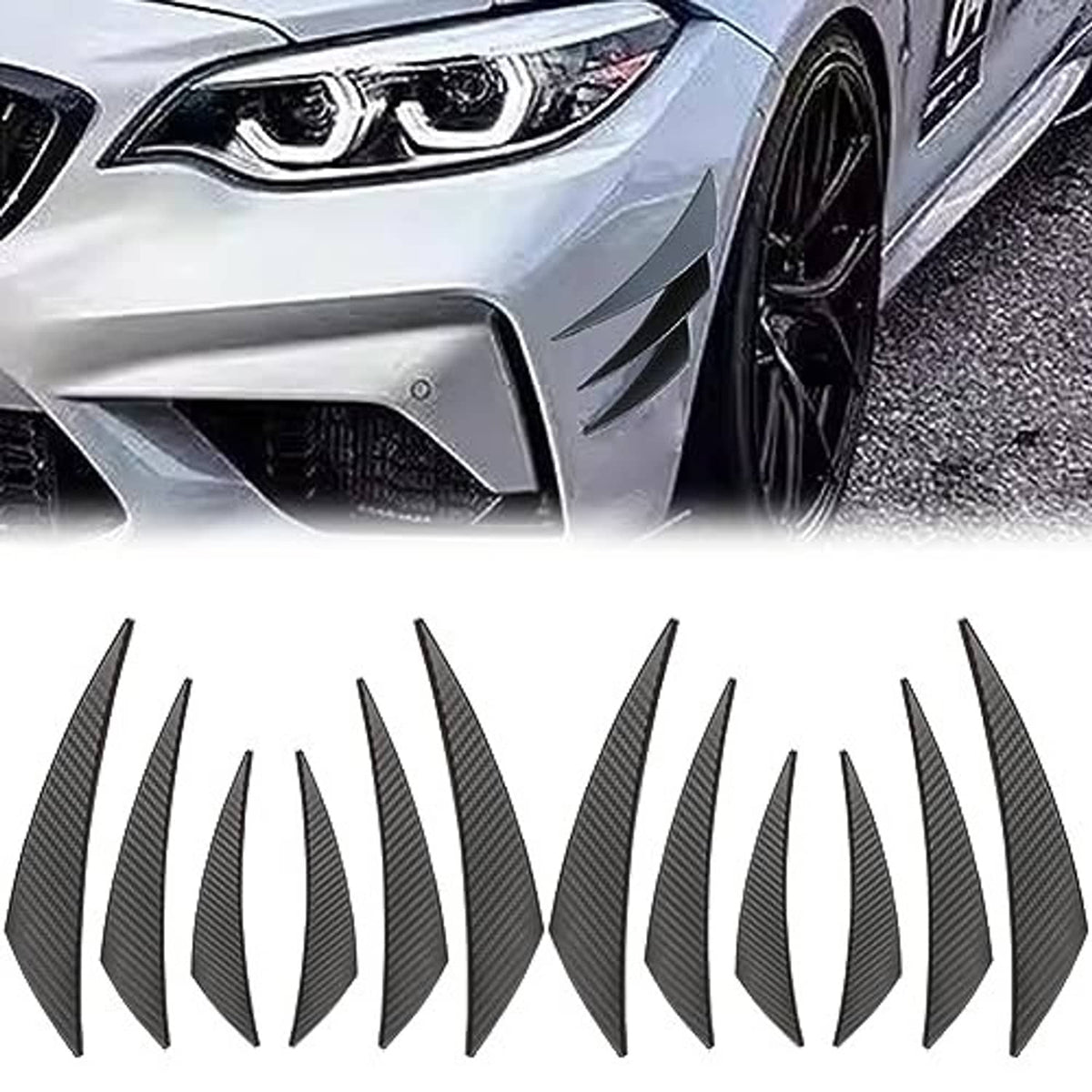 12-piece carbon-fiber-look front bumper canards, black pointed fins on white