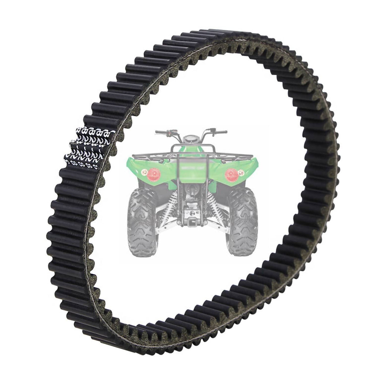 ATV drive belt shown with riding ATV behind it, black ribbed loop