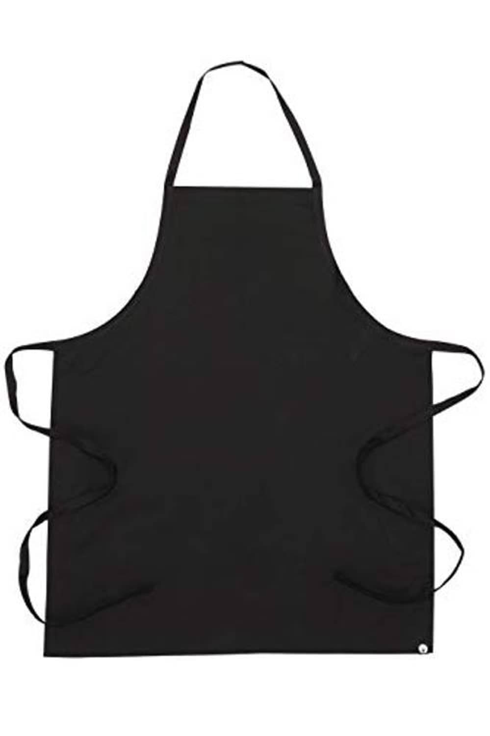 Black unisex apron with neck strap and waist ties, front pocket detail