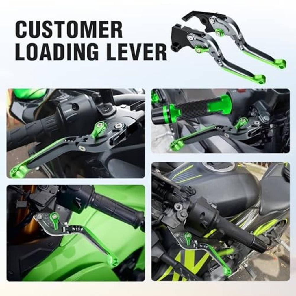 Green motorcycle brake and clutch levers with foldable hinge and black mounting