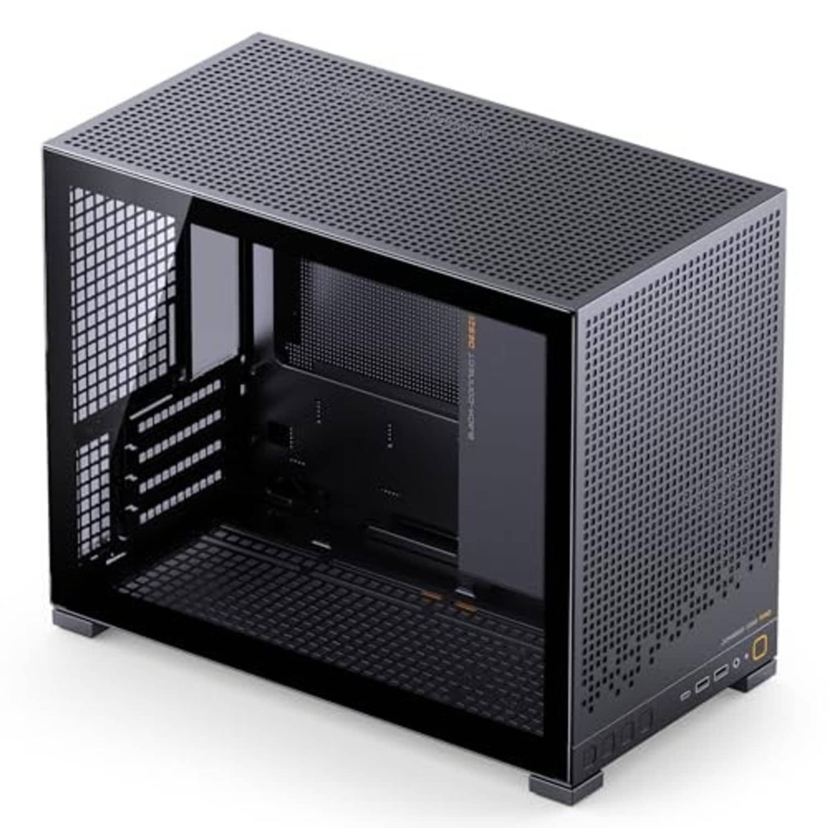Black mini desktop PC case with perforated mesh side panels and open interior frame