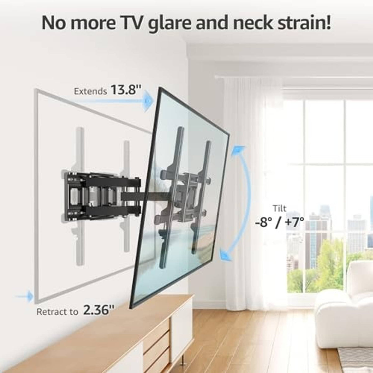 Full motion TV wall mount bracket on wall with extended arms holding a flat TV