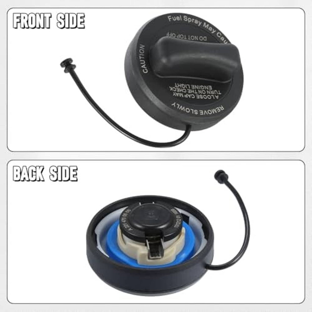 Fuel tank gas cap front and back views with tether cord and circular rim