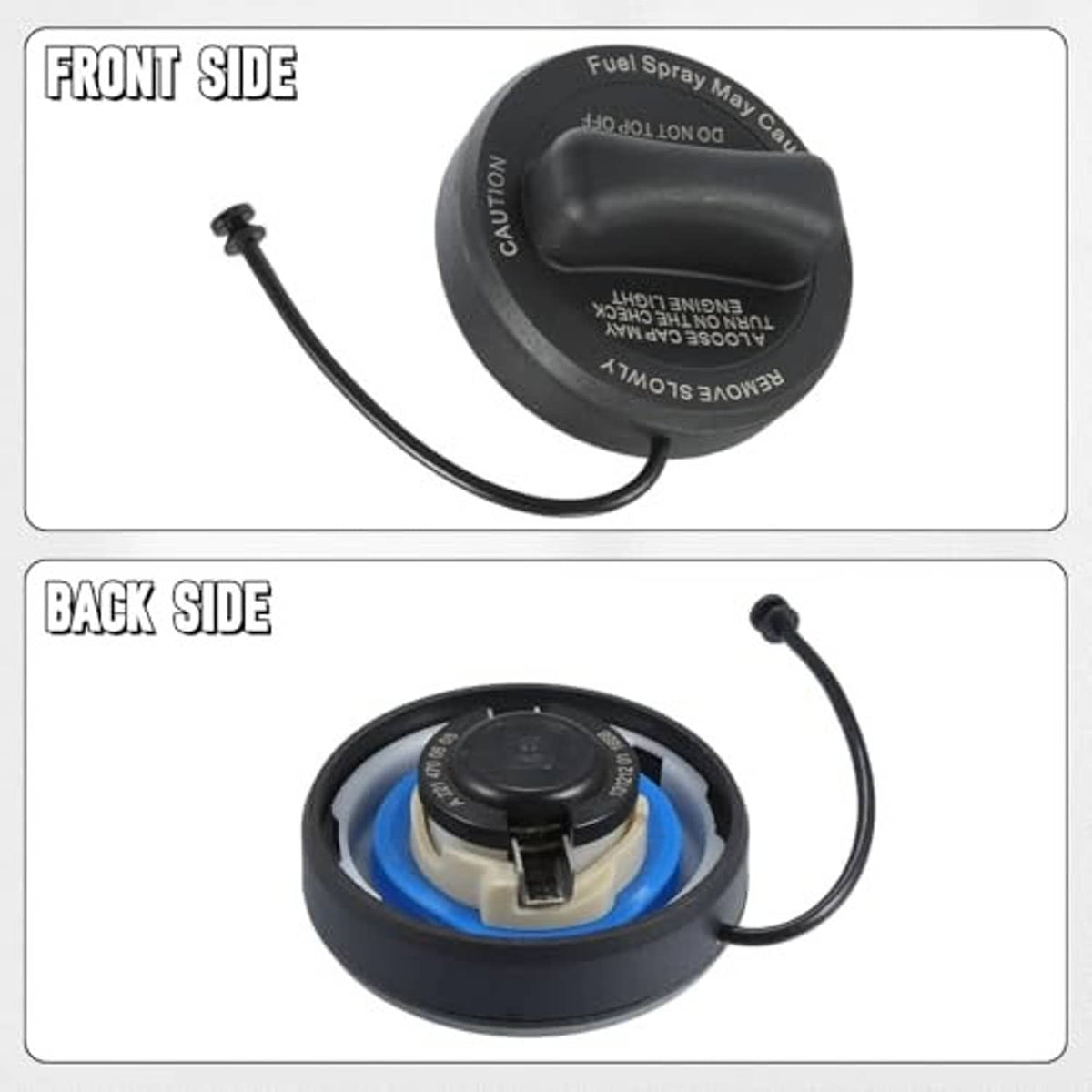 Fuel tank gas cap front and back views with tether cord and circular rim