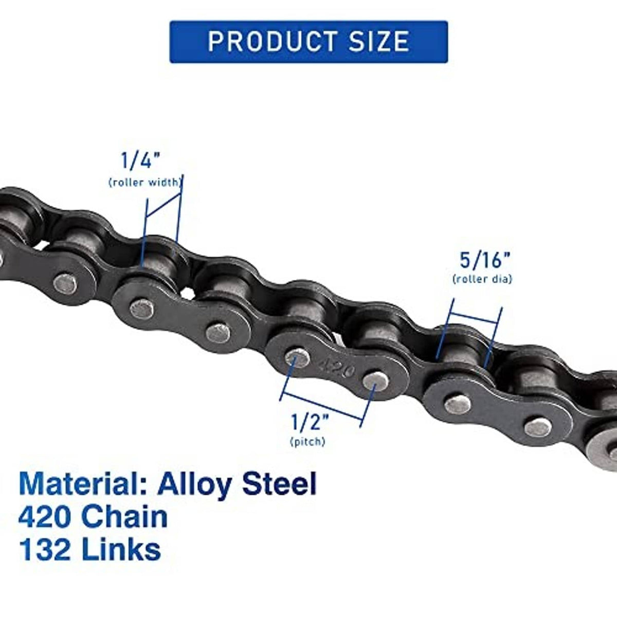 420 roller chain link size diagram showing pitch and roller width