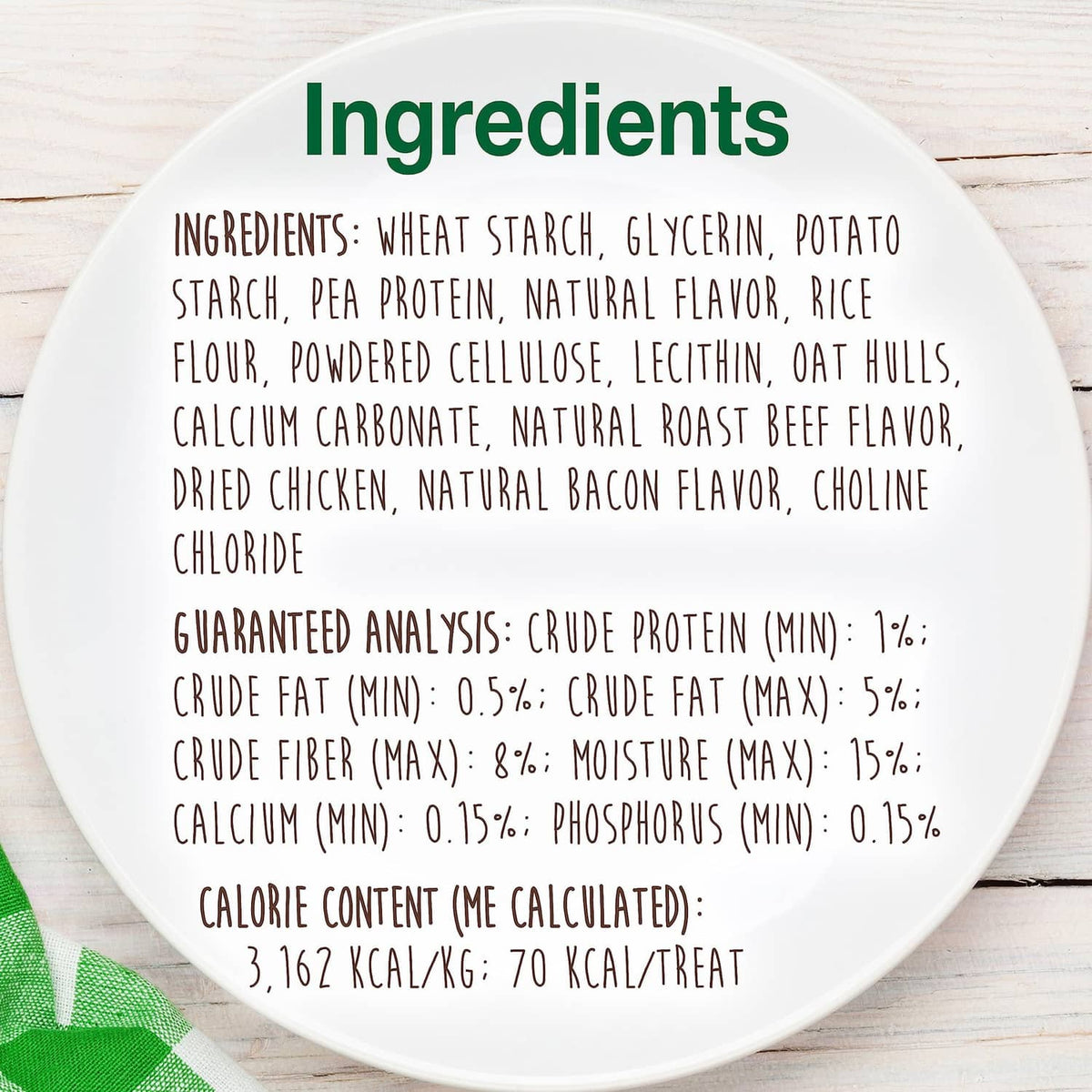 Ingredients and guaranteed analysis label on natural dog chew package