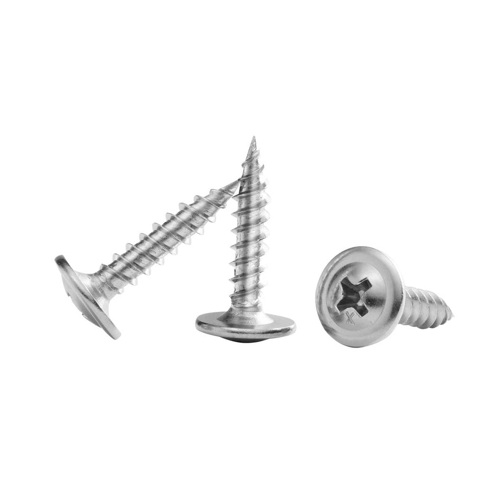 Set of silver self-drilling screws with round heads and Phillips drive