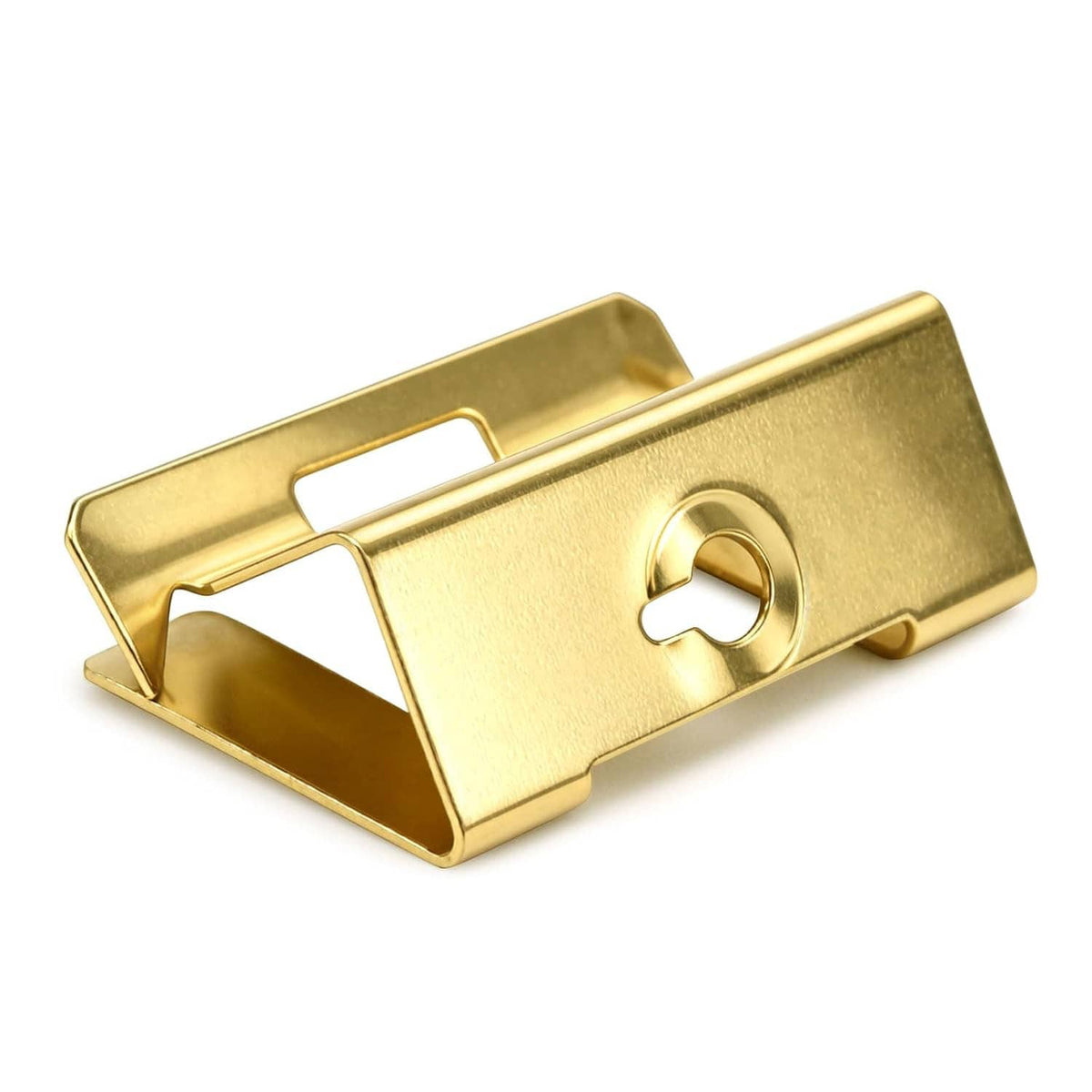 Electrical box repair clip, gold metal tab with circular mounting hole and angled slot