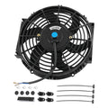Black 10-inch electric radiator cooling fan with blue hub, wires, and mounting hardware set
