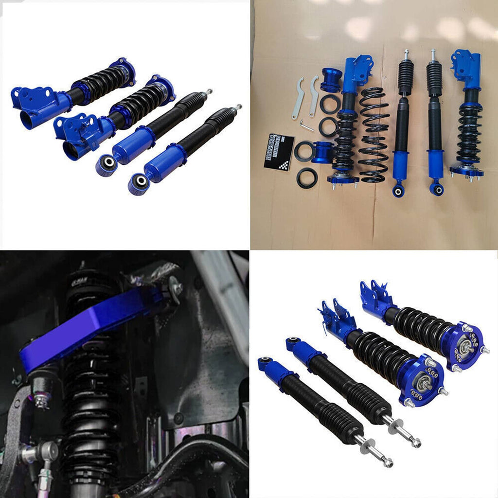 Blue coilover strut set with black springs and adjustment components, shown in parts