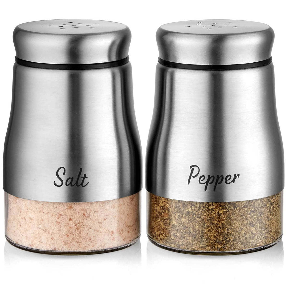 Stainless steel salt and pepper shakers set with 'Salt' and 'Pepper' lids.