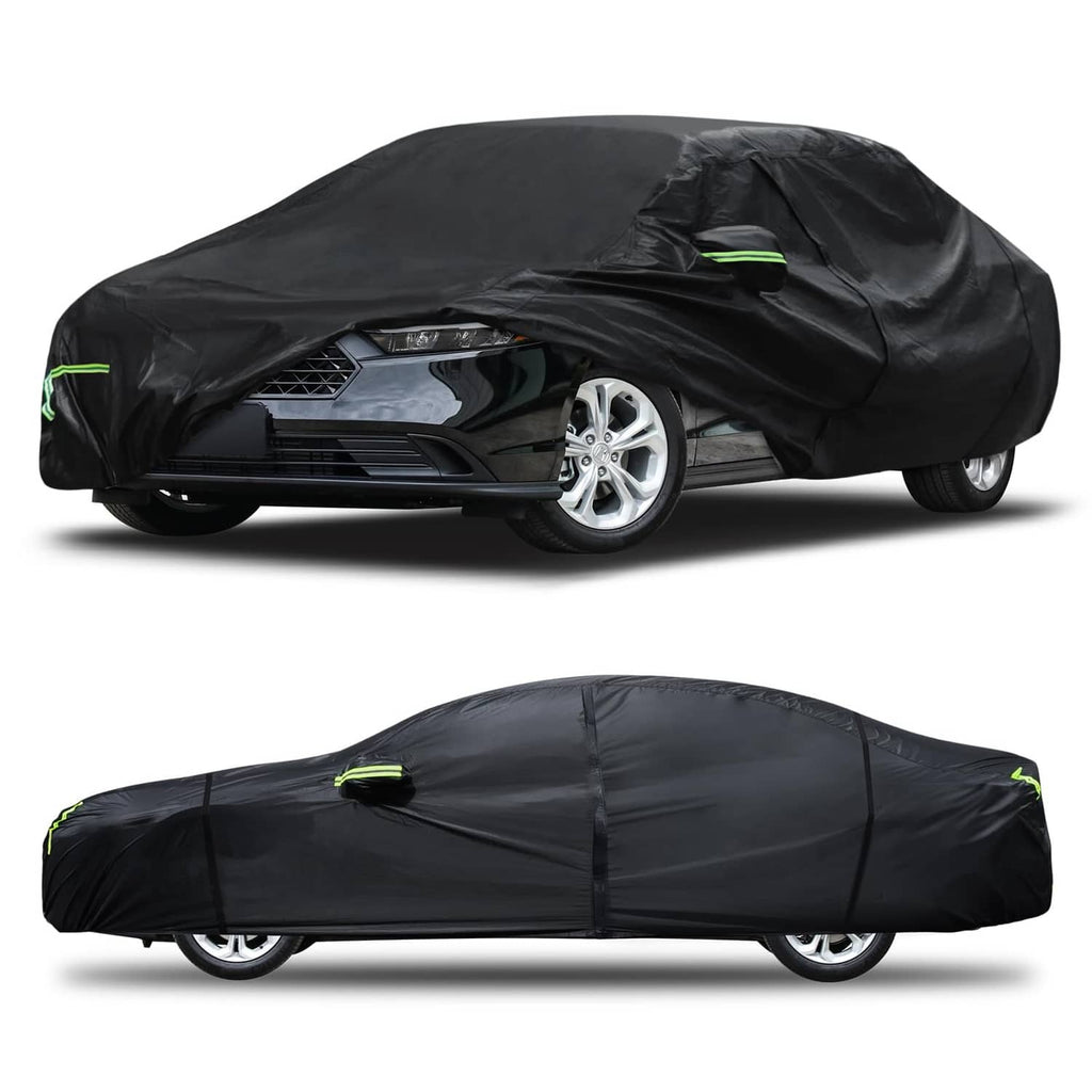 Black custom-fit car cover with green pull tabs, fitted over a sedan front view