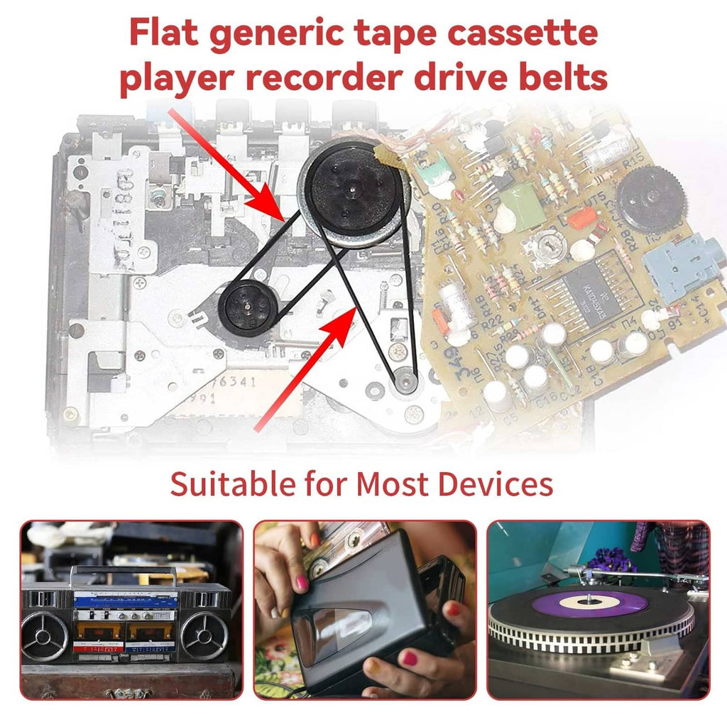 Cassette player deck with thin black drive belts visible on the mechanism.