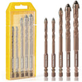Masonry drill bit set with five brown carbide bits in a yellow plastic case