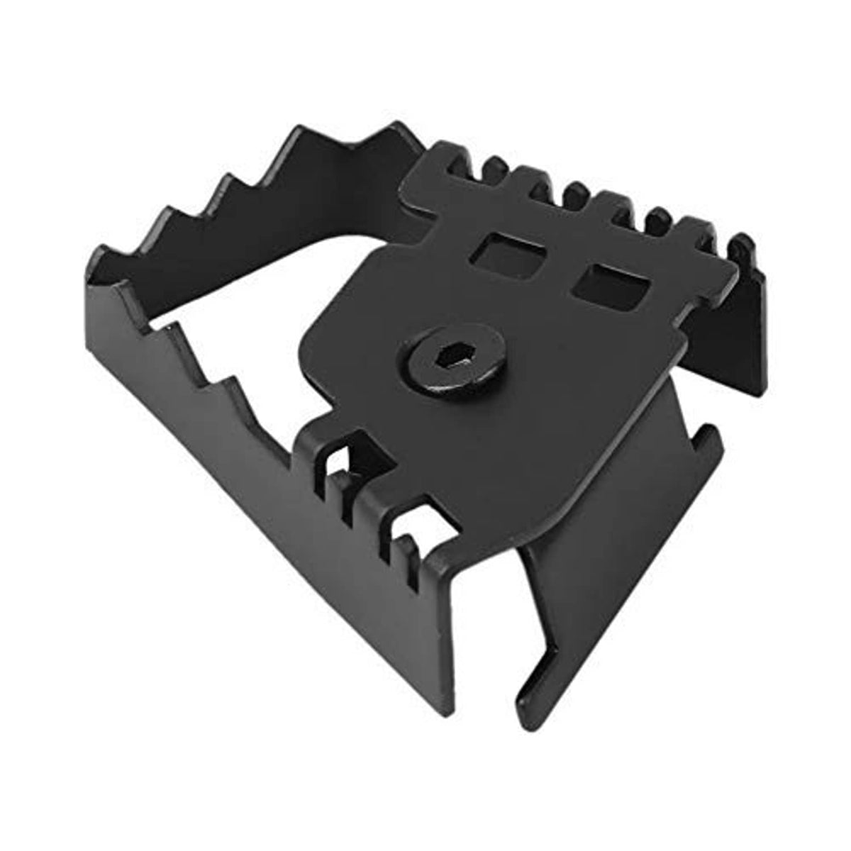 Motorcycle rear brake pedal pad extension, black metal piece with mounting notches and forked ends