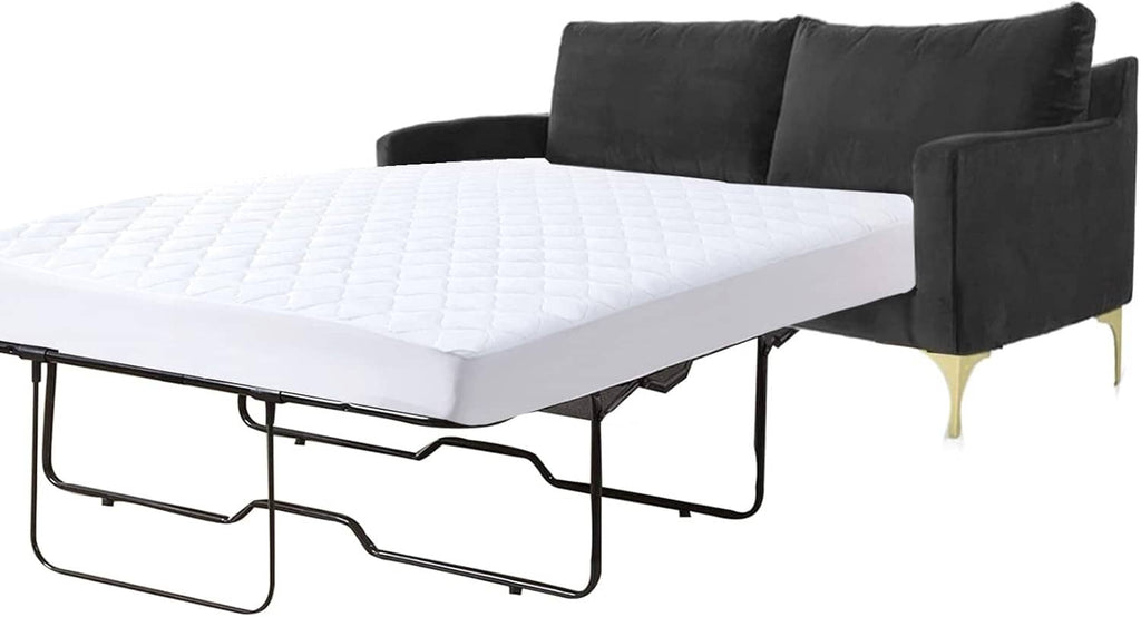 Waterproof mattress protector pad in white, fitted on full pull-out sofa mattress