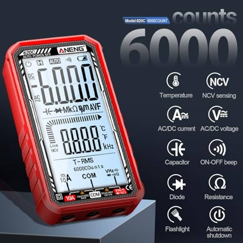 Red digital multimeter tester showing measurement icons and 6000 counts on LCD display