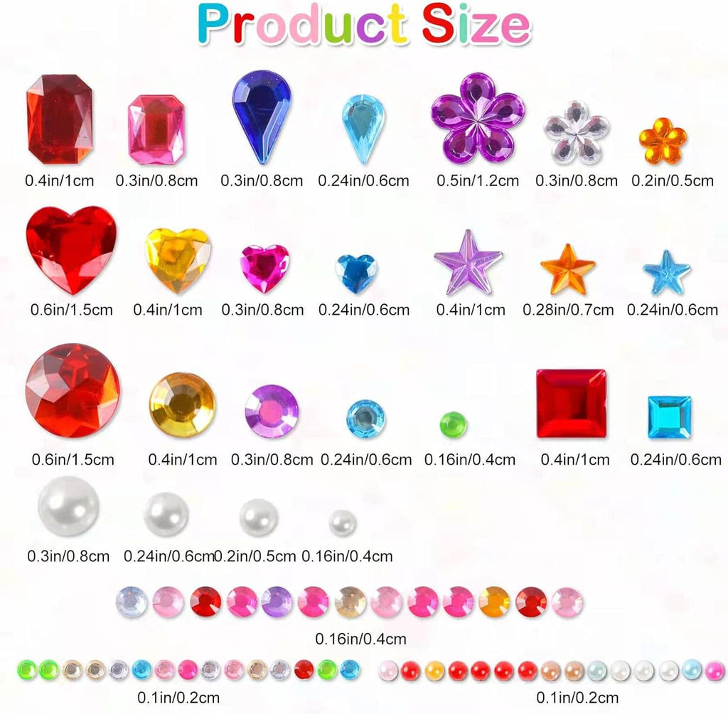 Assorted self-adhesive rhinestone gem stickers in many colors and shapes, flat rows