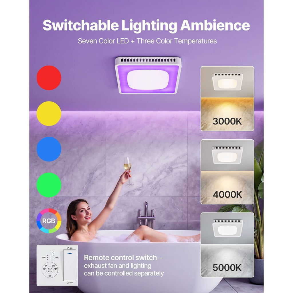 Bathroom ventilation fan with RGB LED lighting and square white light panel, remote control