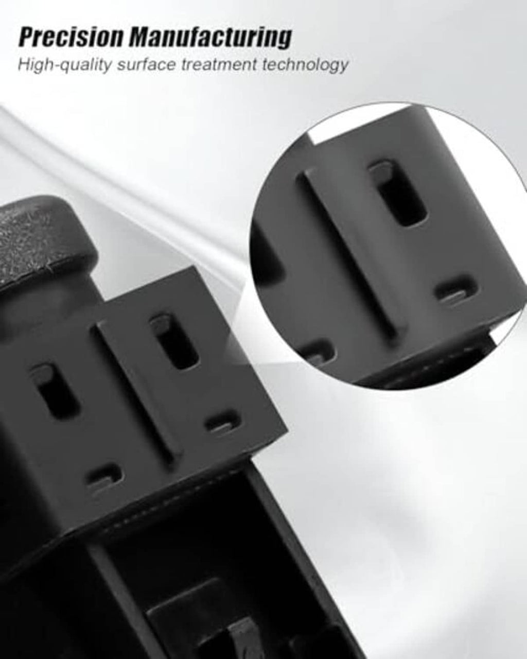 Door lock switch connector, black housing with latch tabs and open electrical cavity