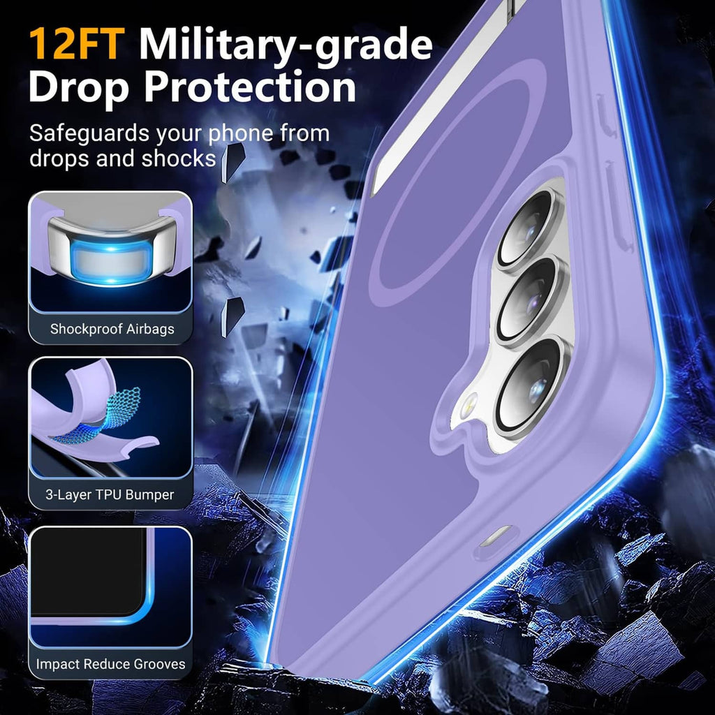 Light purple rugged phone case with raised bumper and triple camera cover; circular grip