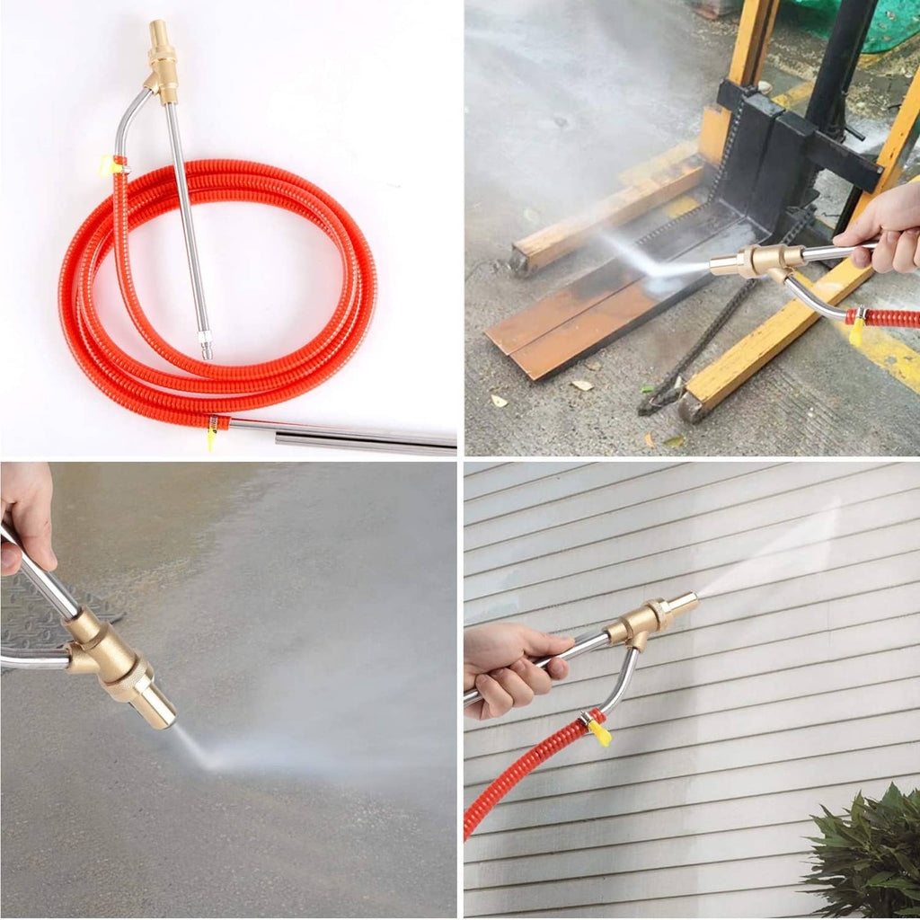 Sandblasting kit in use: red hose and lance spraying on concrete and siding
