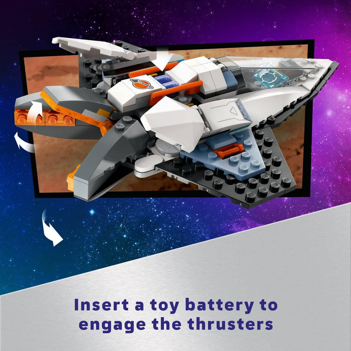 White and gray interstellar spaceship LEGO toy with orange thruster details