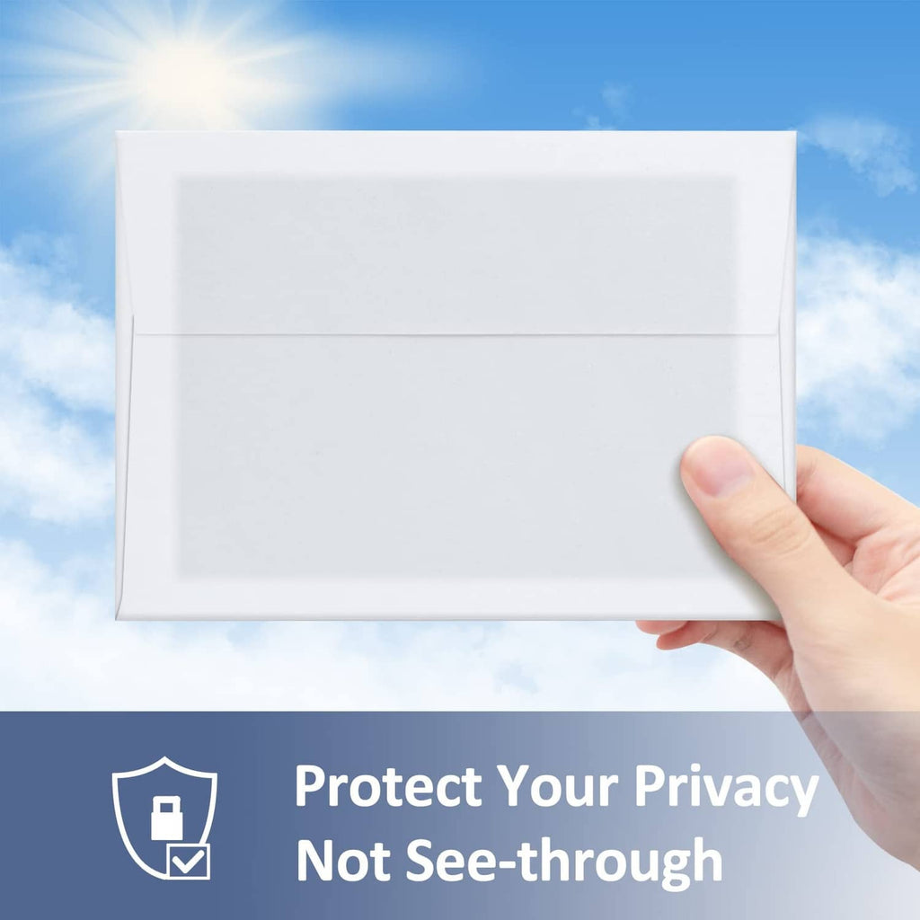 White A7 invitation envelope in hand, self-seal flap