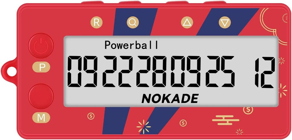 Red lottery number generator machine with LCD display showing generated numbers