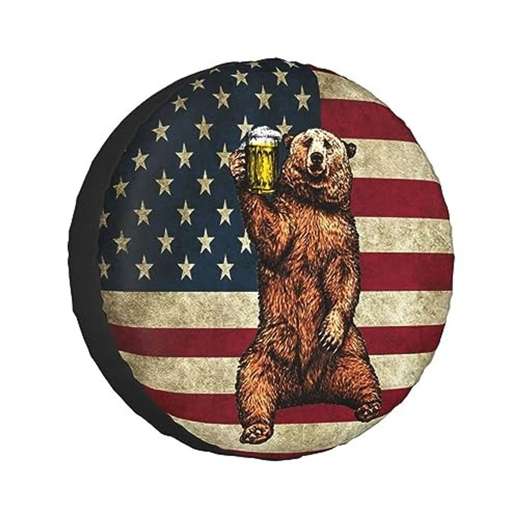 Circular bear-and-American-flag tire cover with lantern graphic, black edge trim