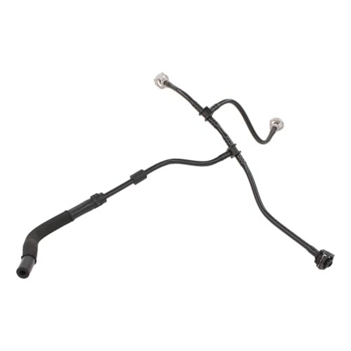 Coolant hose assembly with curved black tubing, clips, and metal connector ends