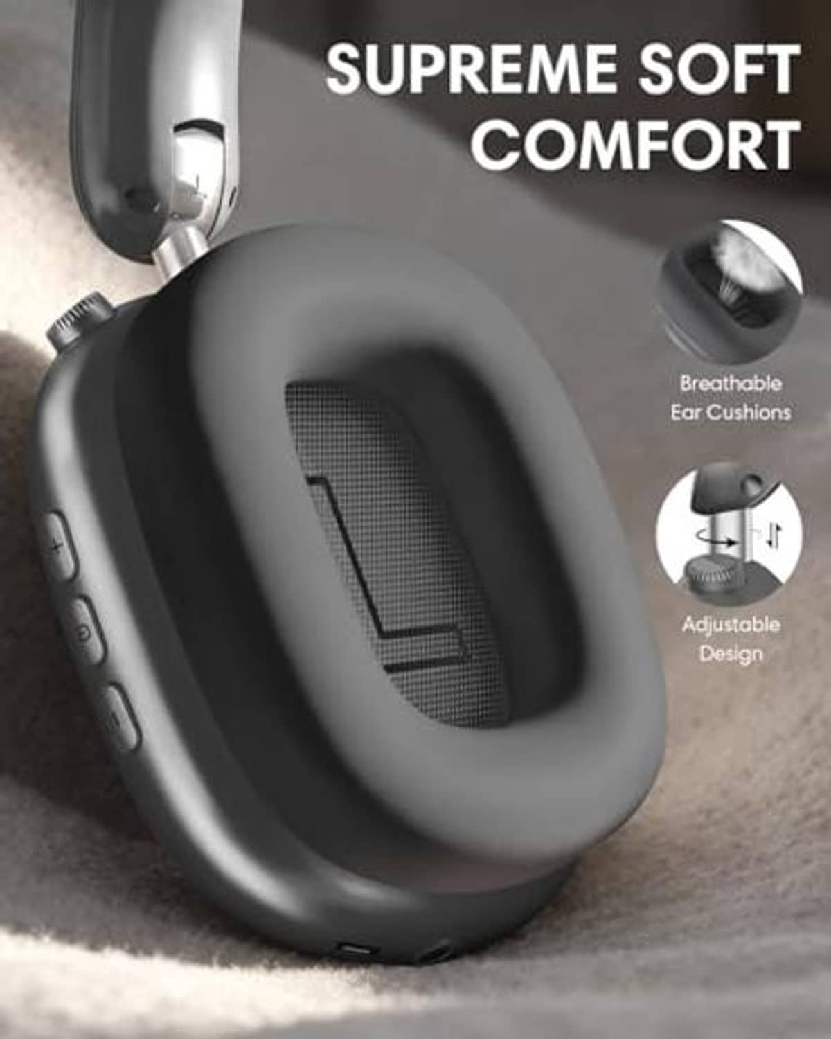 Over-ear ear cushion with grey soft pad and visible mesh speaker grille