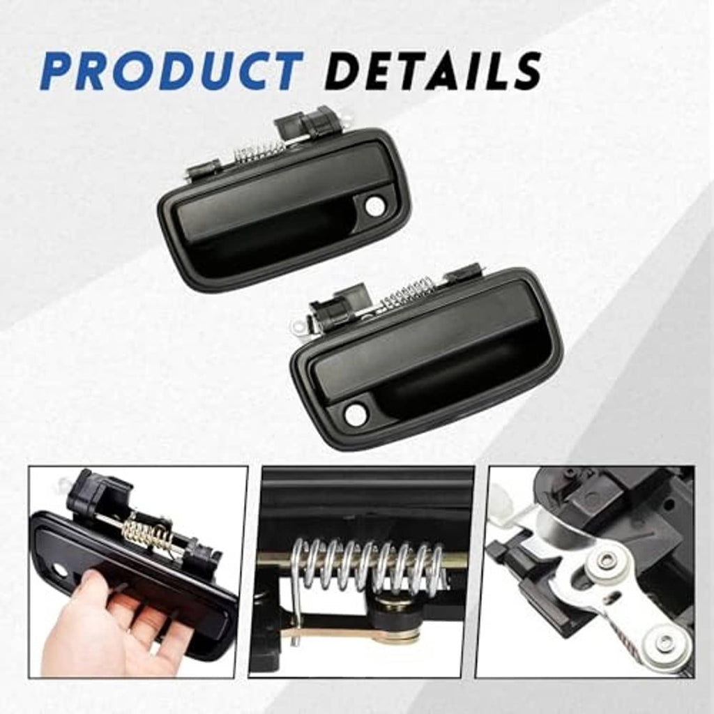 Black exterior door handle with torsion spring and latch linkage detail