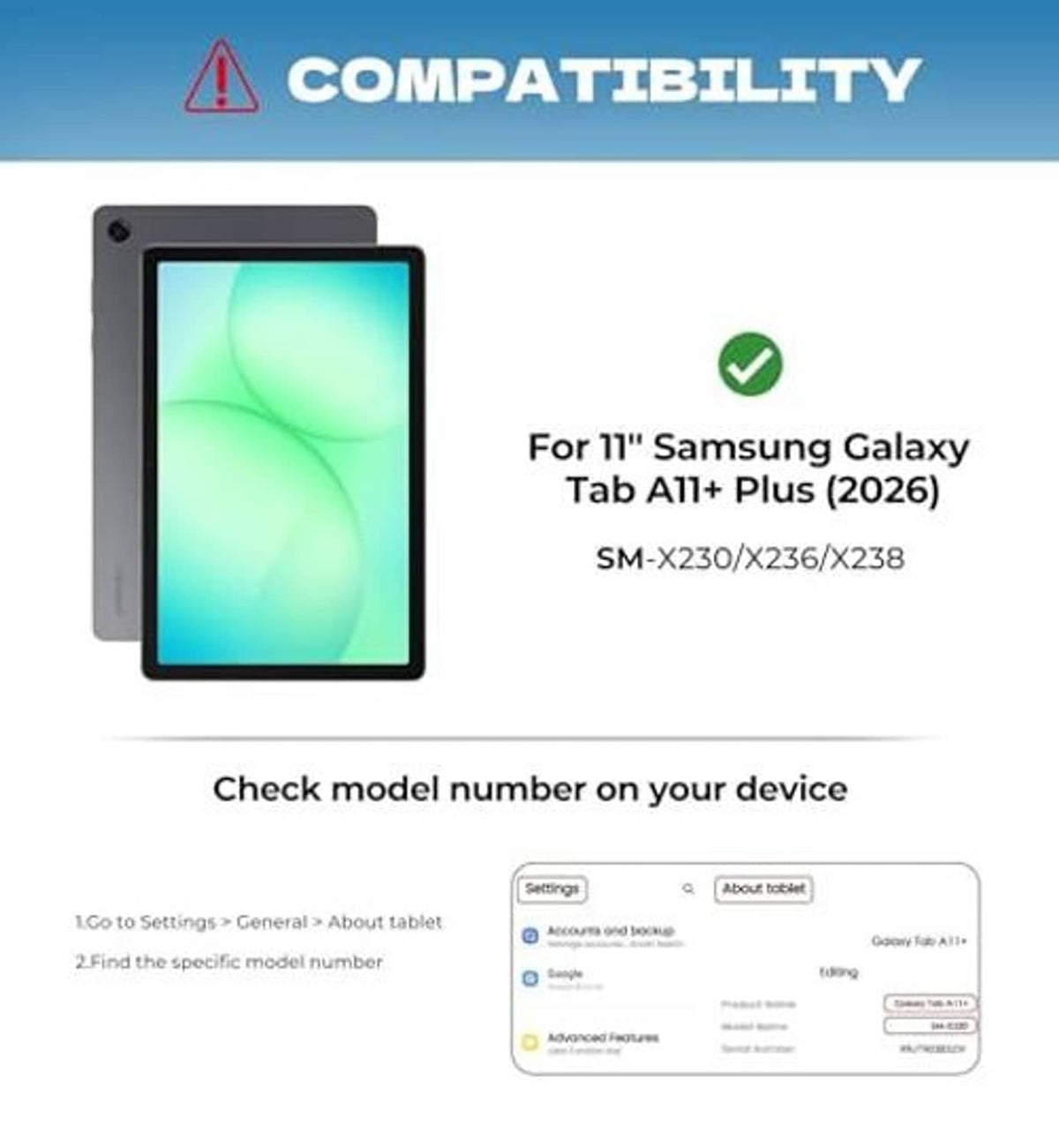 Tablet case compatibility graphic for 11-inch Samsung Galaxy Tab A11+/Plus models