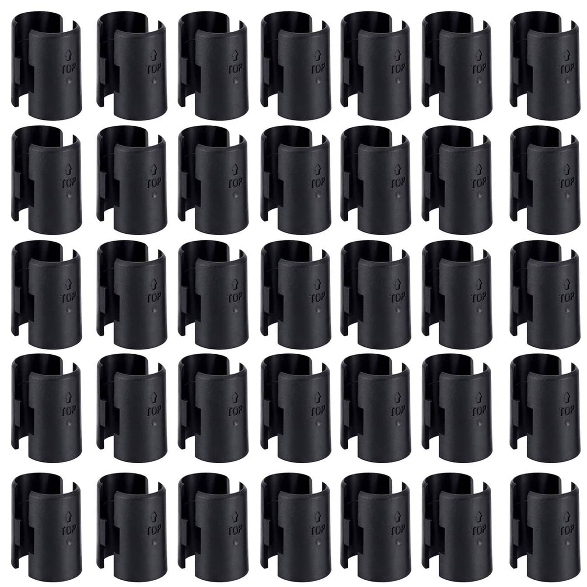 Set of black wire shelf lock clips, multiple pieces with TOP marks