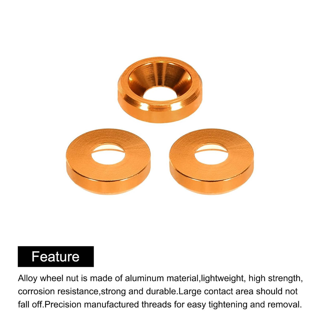 Orange cone cup countersunk washers, three pieces laid out
