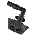 Black plastic headlight washer nozzle jet sprayer with angled outlet and dual nozzle tabs