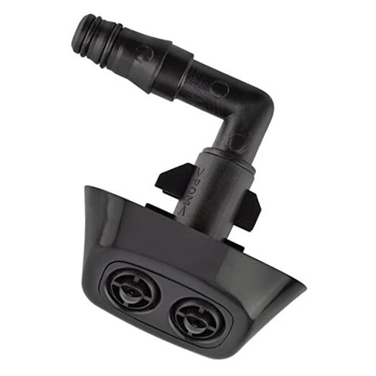 Black plastic headlight washer nozzle jet sprayer with angled outlet and dual nozzle tabs