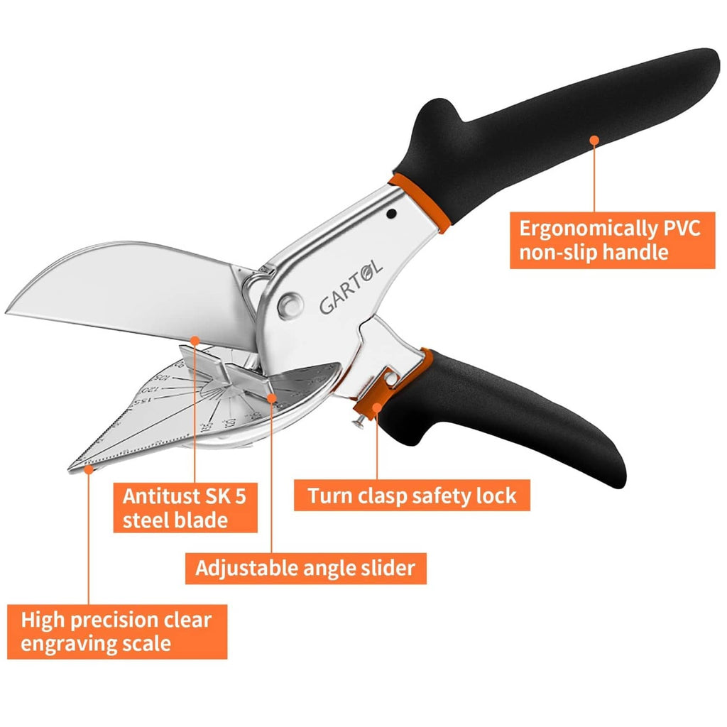 Adjustable miter shears with non-slip black handle, safety lock, and adjustable angle slider.