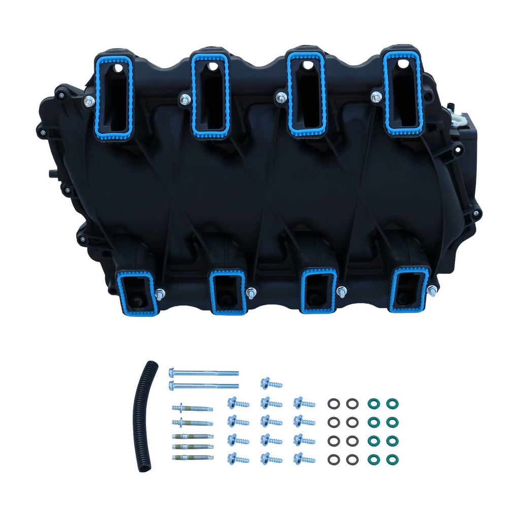 Intake manifold with black housing and four blue-bordered intake ports; includes mounting hardware