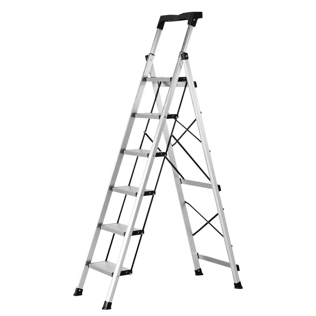 Aluminum folding ladder with wide anti-slip steps and black top handgrip