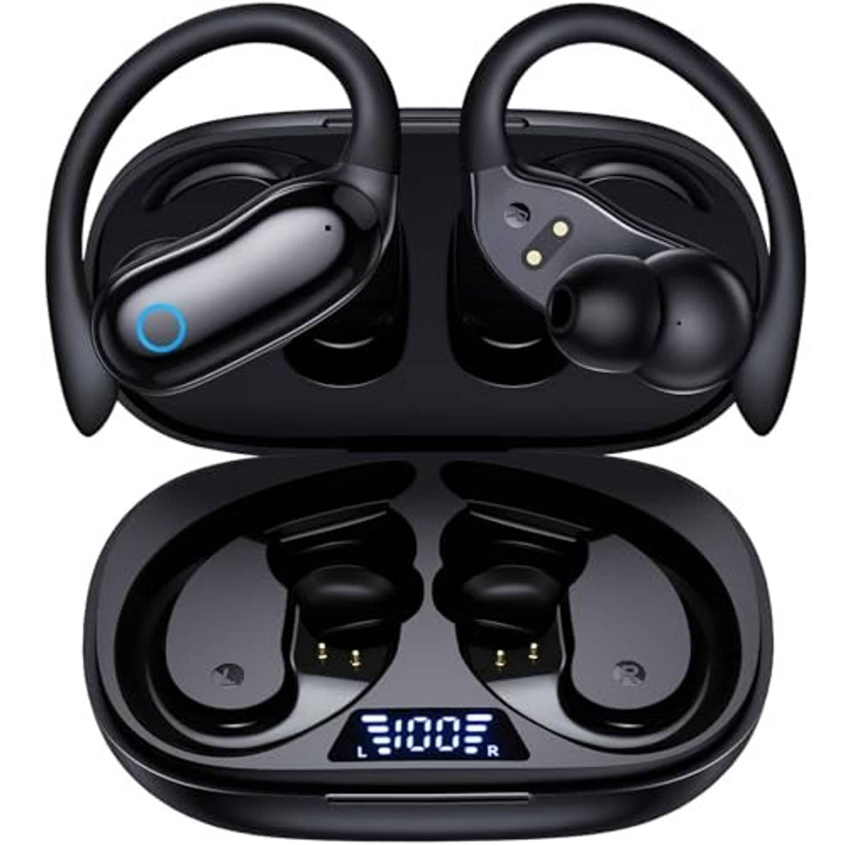 Black wireless earbuds with charging case, earbuds showing blue status lights.